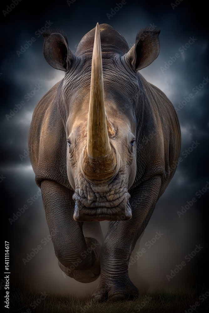 Naklejka premium A Majestic Rhino Walking Through a Dramatic Landscape Under a Moody Sky
