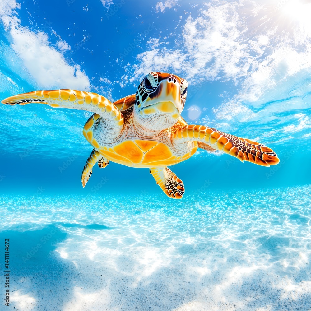 Obraz premium Majestic Sea Turtle Gracefully Swimming in Crystal Clear Tropical Ocean Water
