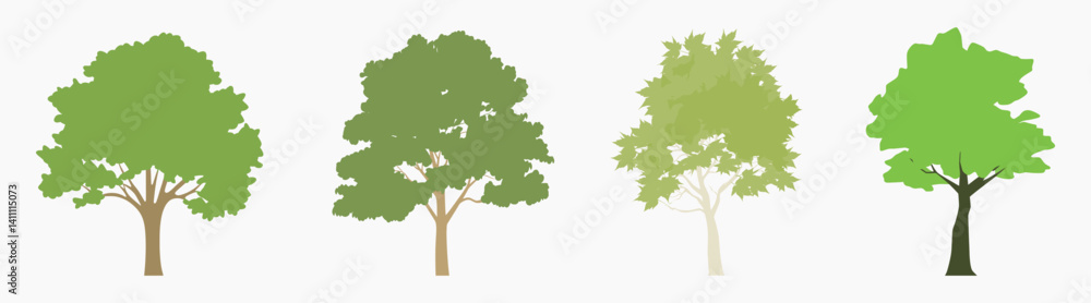 Fototapeta premium Diverse tree silhouettes in green isolated illustration, vector set