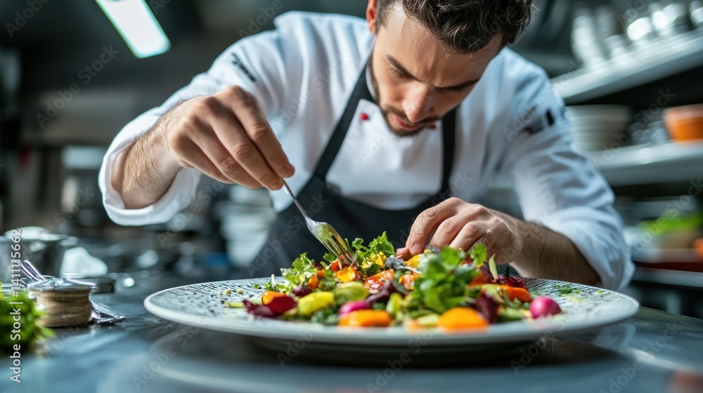 Chef meticulously plating vibrant salad in kitchen Chef meticulously plating vibrant salad in kitchen