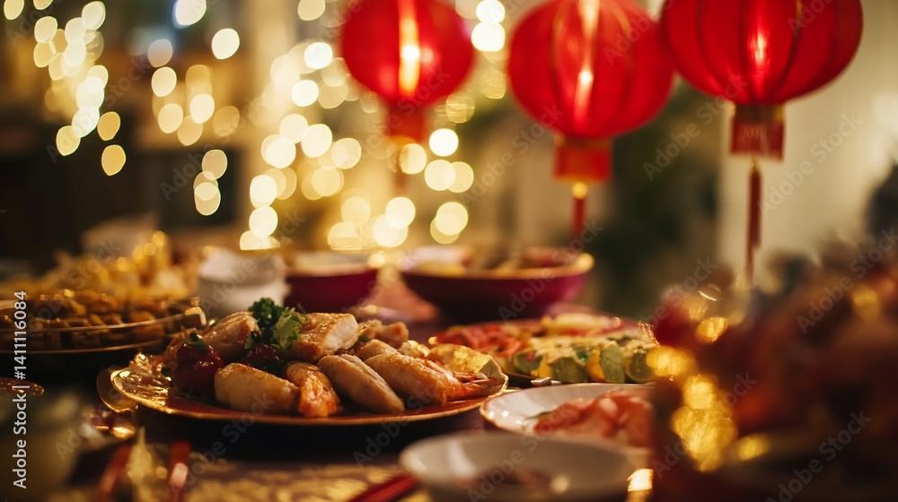 Festive chinese new year dinner table with traditional decorations and delicious dishes beautifully arranged Festive chinese new year dinner table with traditional decorations and delicious dishes beautifully arranged