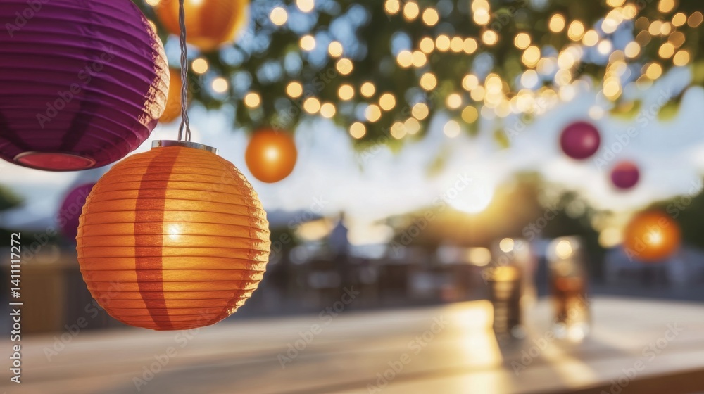 Fototapeta premium Lanterns in purple and orange hang above a bustling outdoor area filled with joy as the sun sets behind the trees, creating a warm atmosphere