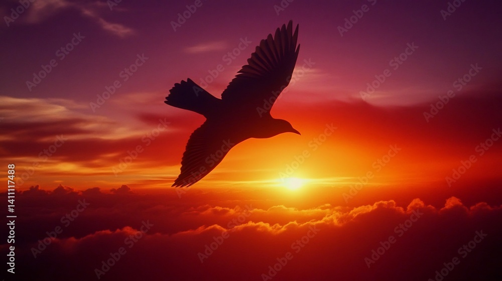 Naklejka premium Bird flying across sky sunset wing outstretched full flight bird dark silhouette contrast against fiery orange red purple hue of setting sun scene capture sense of freedom movement soft cloud