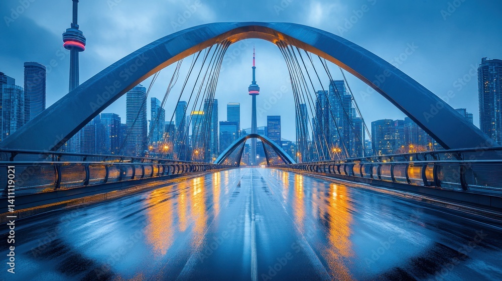 Fototapeta premium Modern City Skyline View Through Curved Bridge Arches At Dusk