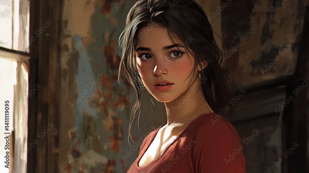 Fototapeta premium Young woman in a vintage room with sunlight streaming