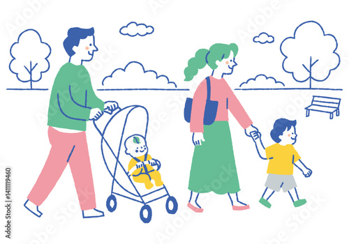 A family of four strolling in the park_Color