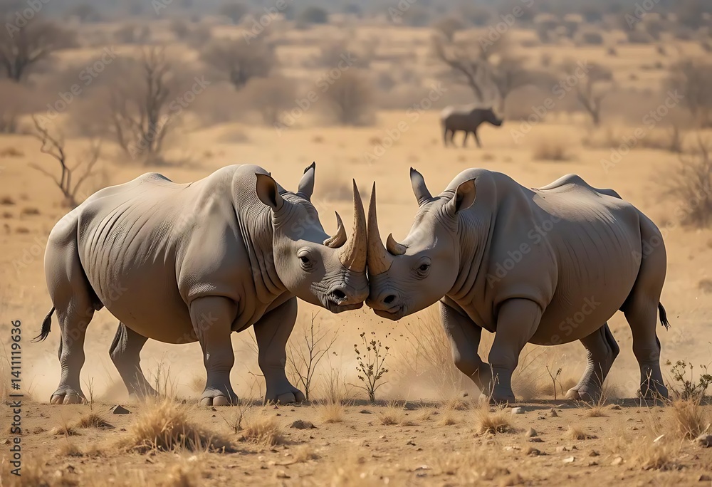 Fototapeta premium Rhino Confrontation: A Majestic Wildlife Showdown in the African Savanna