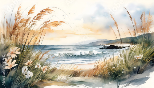 Watercolor coastal scene with beach grass, wildflowers, and gentle waves meeting the sandy shore