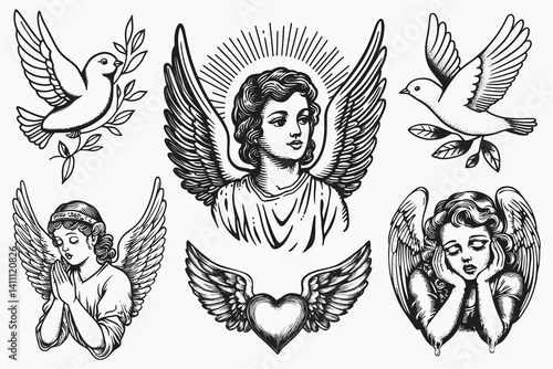 Old school tattoo ink element isolated vector set