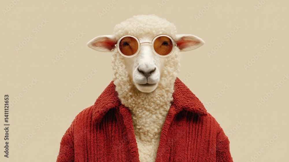 Stylish sheep wearing sunglasses poses confidently in a cozy sweater against a beige background.