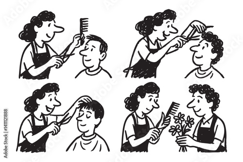 Female Hairdresser Cutting and Combing Client’s Hair Illustration
