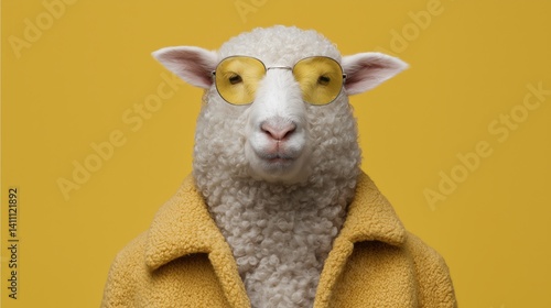 Cool sheep wearing yellow glasses and a stylish jacket poses against a bright yellow backdrop.