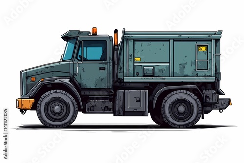 Vintage Military-Style Heavy-Duty Truck: Illustrated Rugged Off-Road Vehicle for Commercial Transportation & Logistics - Side View Artwork