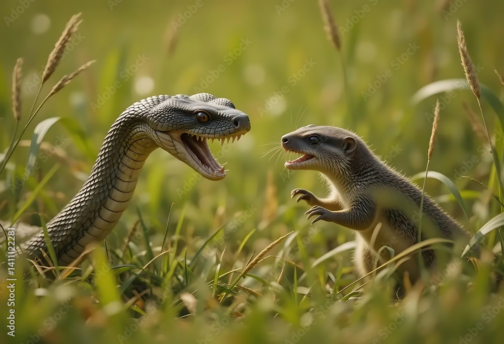 Fototapeta premium Serpent and Rodent Confrontation: A Dramatic Wildlife Encounter