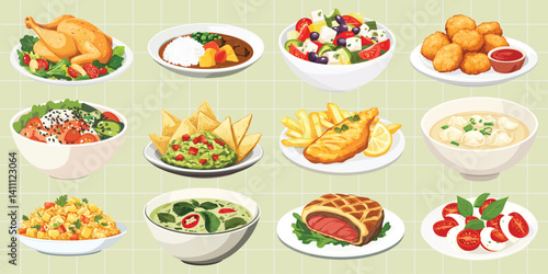Illustration of foods on a yellow checkered background, vector set