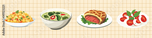 Illustration of foods on a yellow checkered background, vector set
