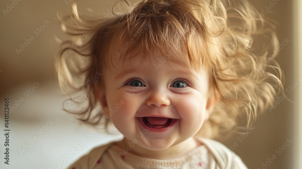 Happy baby with curly hair smiling in soft light Happy baby with curly hair smiling in soft light