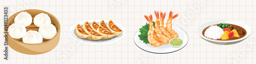 Illustration of foods on a yellow checkered background, vector set