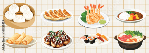 Illustration of foods on a yellow checkered background, vector set