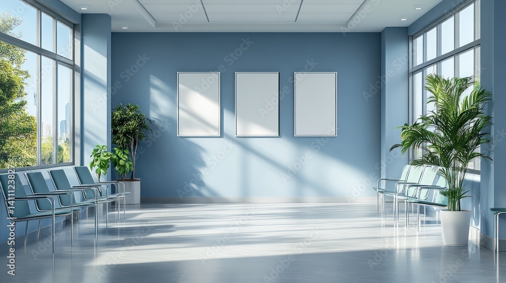 Fototapeta premium Modern hospital waiting room, sunny day, city view, empty, mockup posters