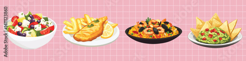 Illustration of foods on a yellow checkered background, vector set