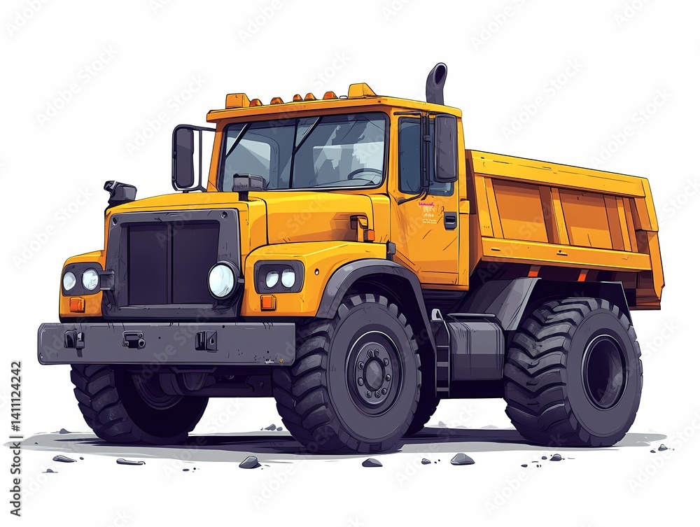 Naklejka premium Heavy Machinery: Industrial Earthmoving Construction Vehicle. Transport, Large Dump Truck Illustration in Action