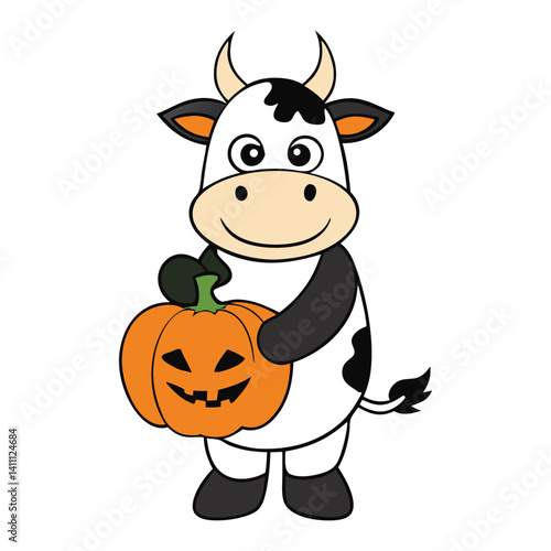 A cow dressed up for Halloween, holding a bright orange pumpkin with a spooky smile. It’s a festive, adorable sight, blending farm charm with Halloween fun!
