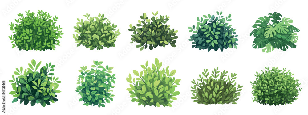 Vibrant green bush illustrations, isolated vector set Vibrant green bush illustrations, isolated vector set