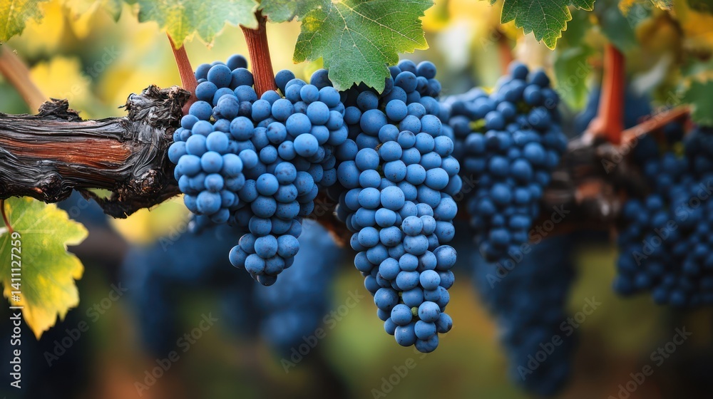 Naklejka premium Ripe red grapes hanging on vine, vineyard autumn harvest, background blurred