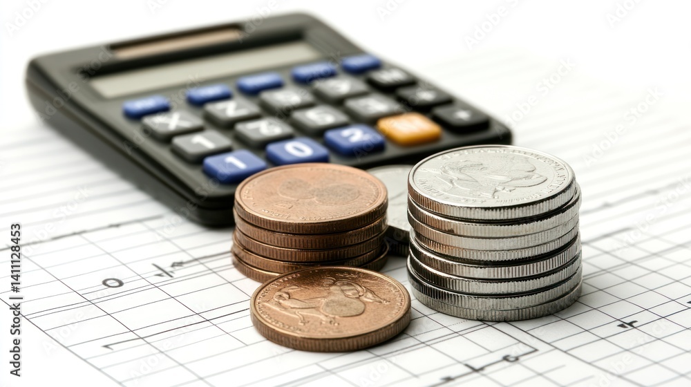Calculator and coins on graph paper, financial planning, money Calculator and coins on graph paper, financial planning, money