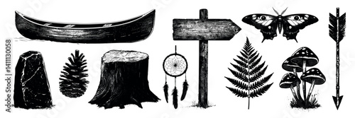 Nature-inspired rustic black illustrations, isolated vector set