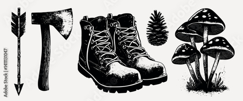 Nature-inspired rustic black illustrations, isolated vector set