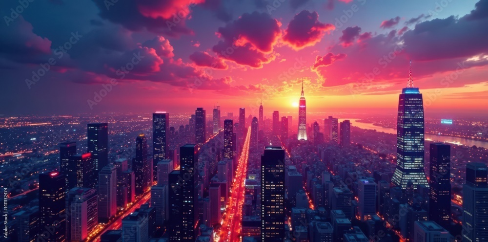 Fototapeta premium Boldly outlined cityscape at sunset with neon lights and vibrant skyscrapers, stylized architecture, sunset sky