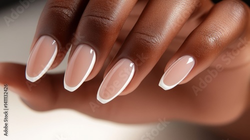 A Black woman with dark skin and long, elegant fingers showcasing a minimalis...