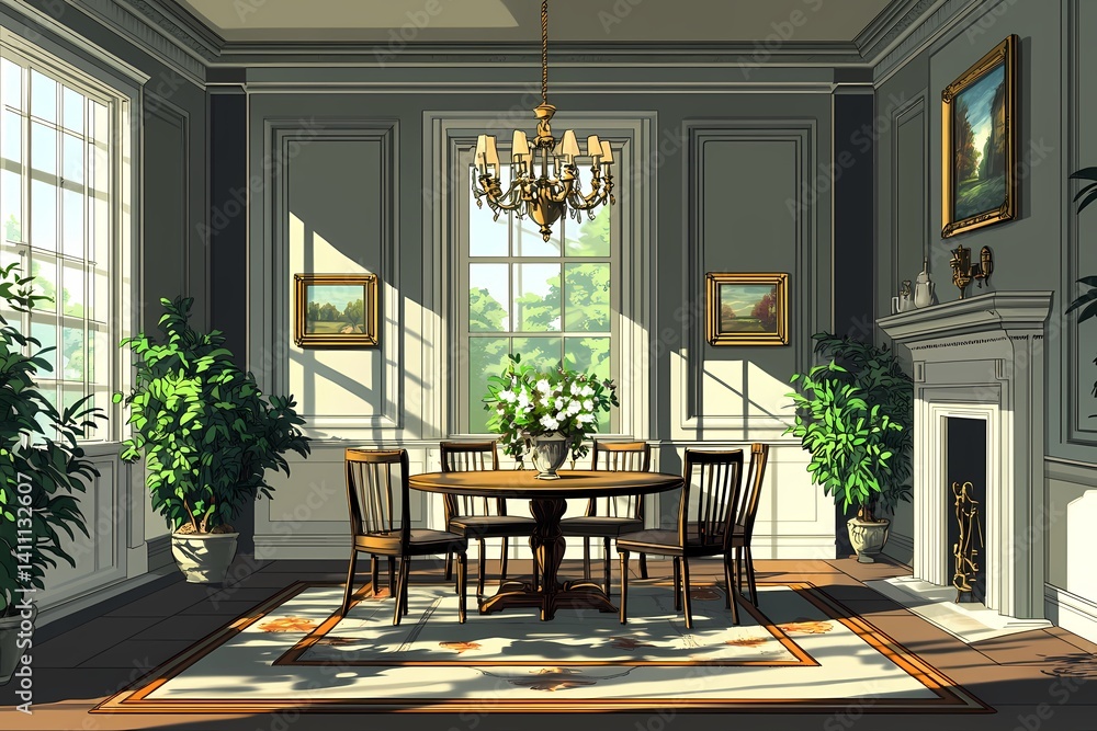 Fototapeta premium Modern Dining Room Interior: Elegant Chairs, Artistic Decor, Neutral Colors, & Vibrant Greenery