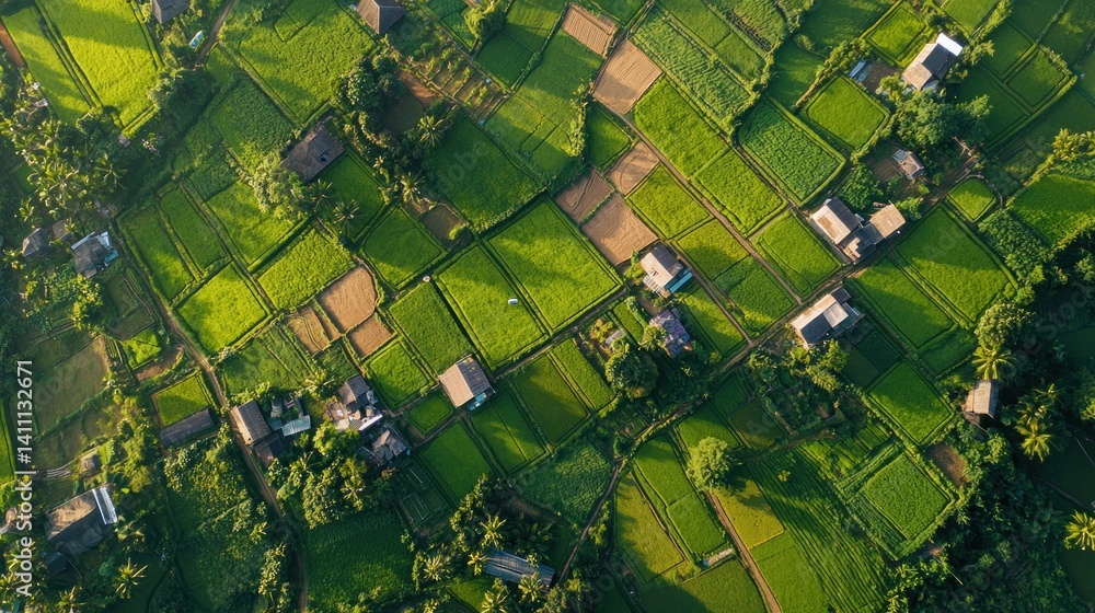Fototapeta premium Aerial View of Lush Green Rice Paddies and Rural Houses