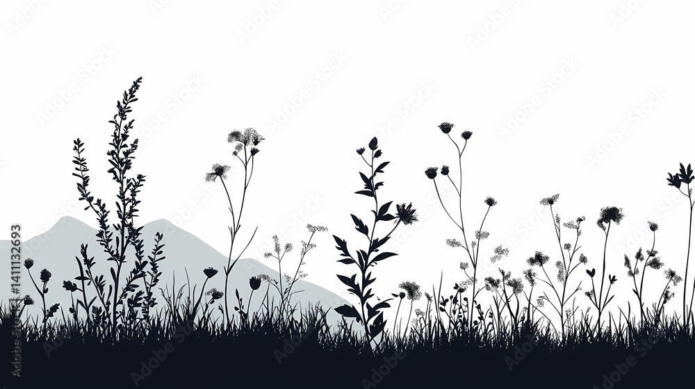 Obraz premium Silhouetted Floral Landscape with Wildflowers and Mountain Range in Black and White