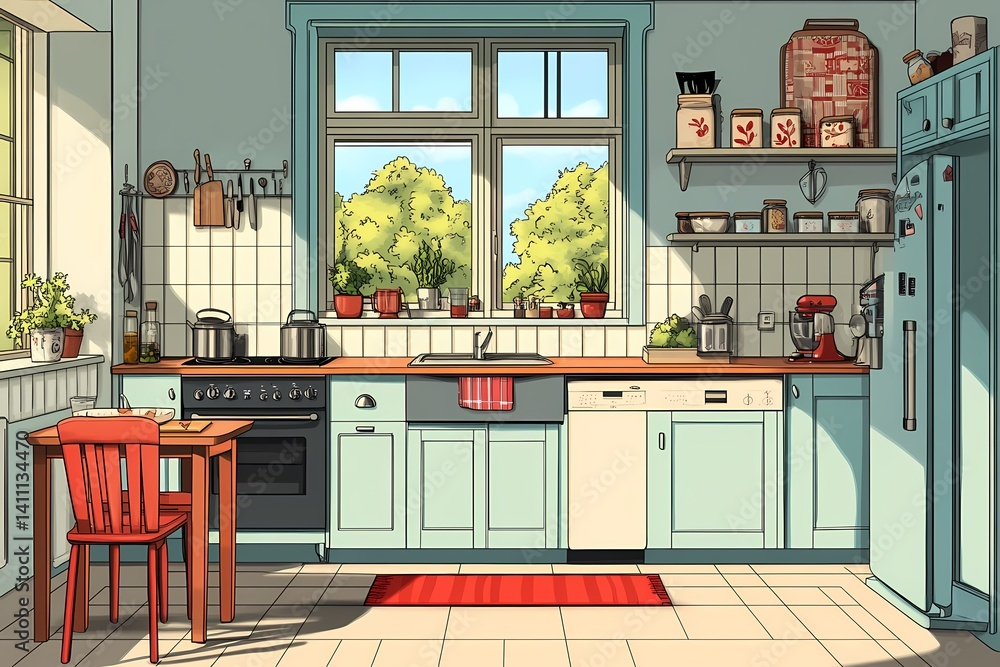 Fototapeta premium Modern Kitchen Interior Design with Cozy Furniture and Sunny Window View | Stylish Red and Blue Decor with Functional Workspace