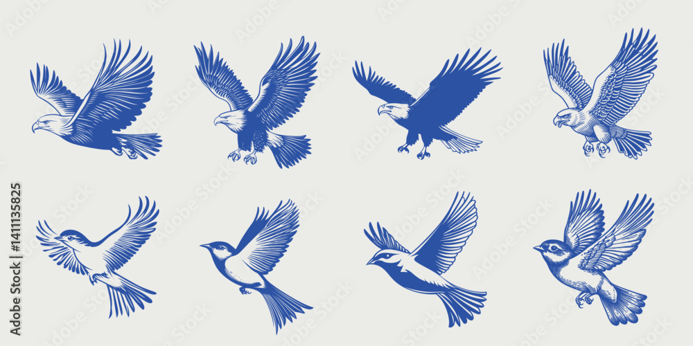 Obraz premium Blue illustrated birds flying, isolated element set vector