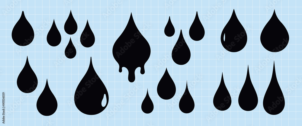 Fototapeta premium Minimalist black droplet icons, isolated element set vector