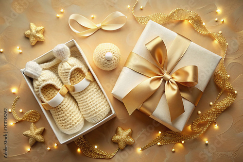 Luxury baby gift box flat lay with golden background white shoes crochet toys and designer bottle
