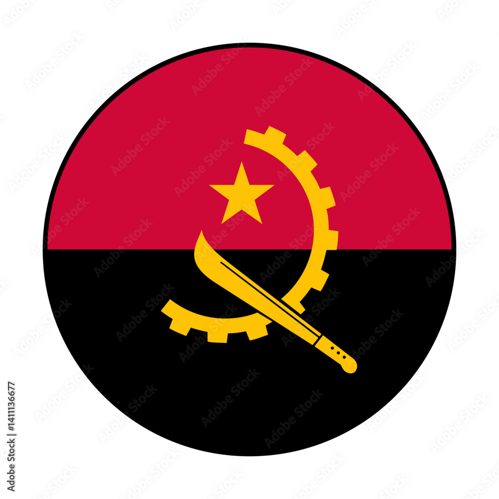 Flag of Angola. Black loop edge. Angola circle flag logo icon computer vector illustration design. Flag of Angola. Black loop edge. Angola circle flag logo icon computer vector illustration design.