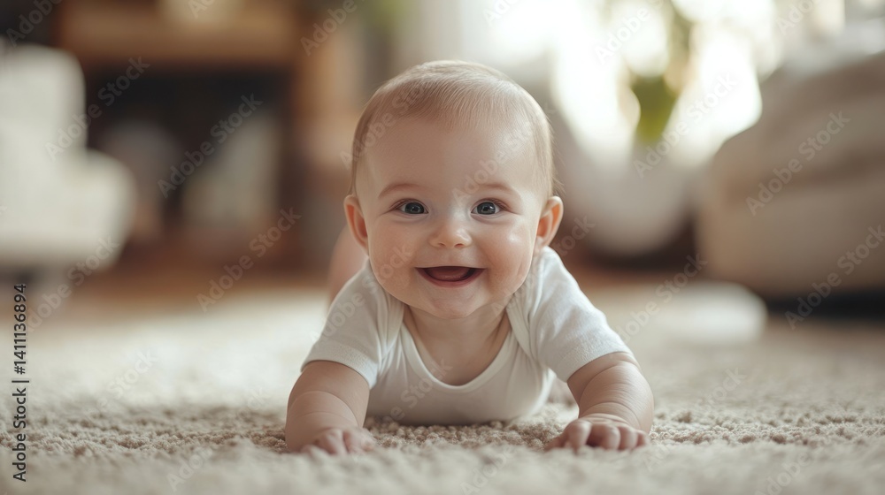 Fototapeta premium Happy baby crawling on carpet in cozy living room