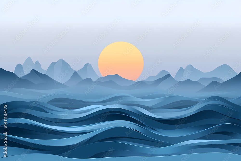 Serene Sunset Seascape: Abstract Ocean Waves and Silky Horizon Illustration Serene Sunset Seascape: Abstract Ocean Waves and Silky Horizon Illustration