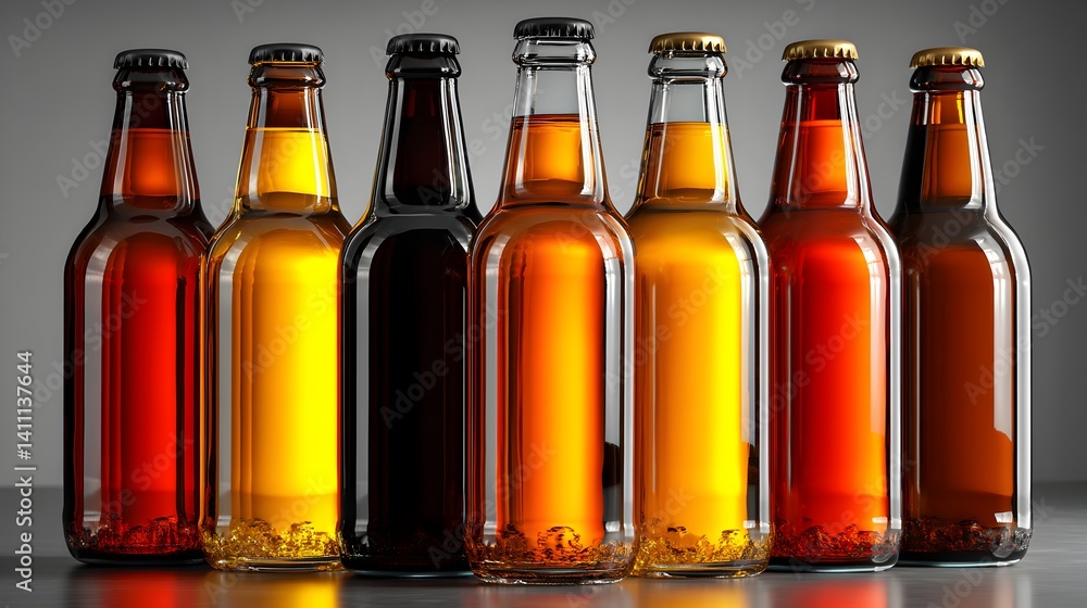 Eight diverse beer bottles in various colors and styles are arranged neatly on a reflective surface against a neutral gray background. Eight diverse beer bottles in various colors and styles are arranged neatly on a reflective surface against a neutral gray background.