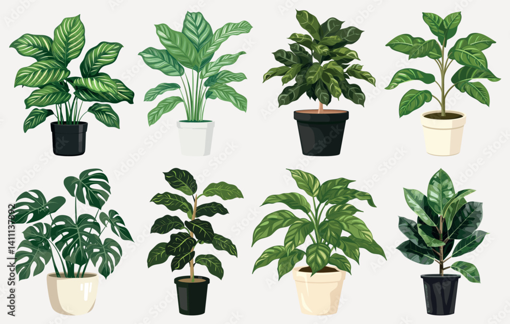 Obraz premium Diverse potted plant illustrations, isolated element set vector