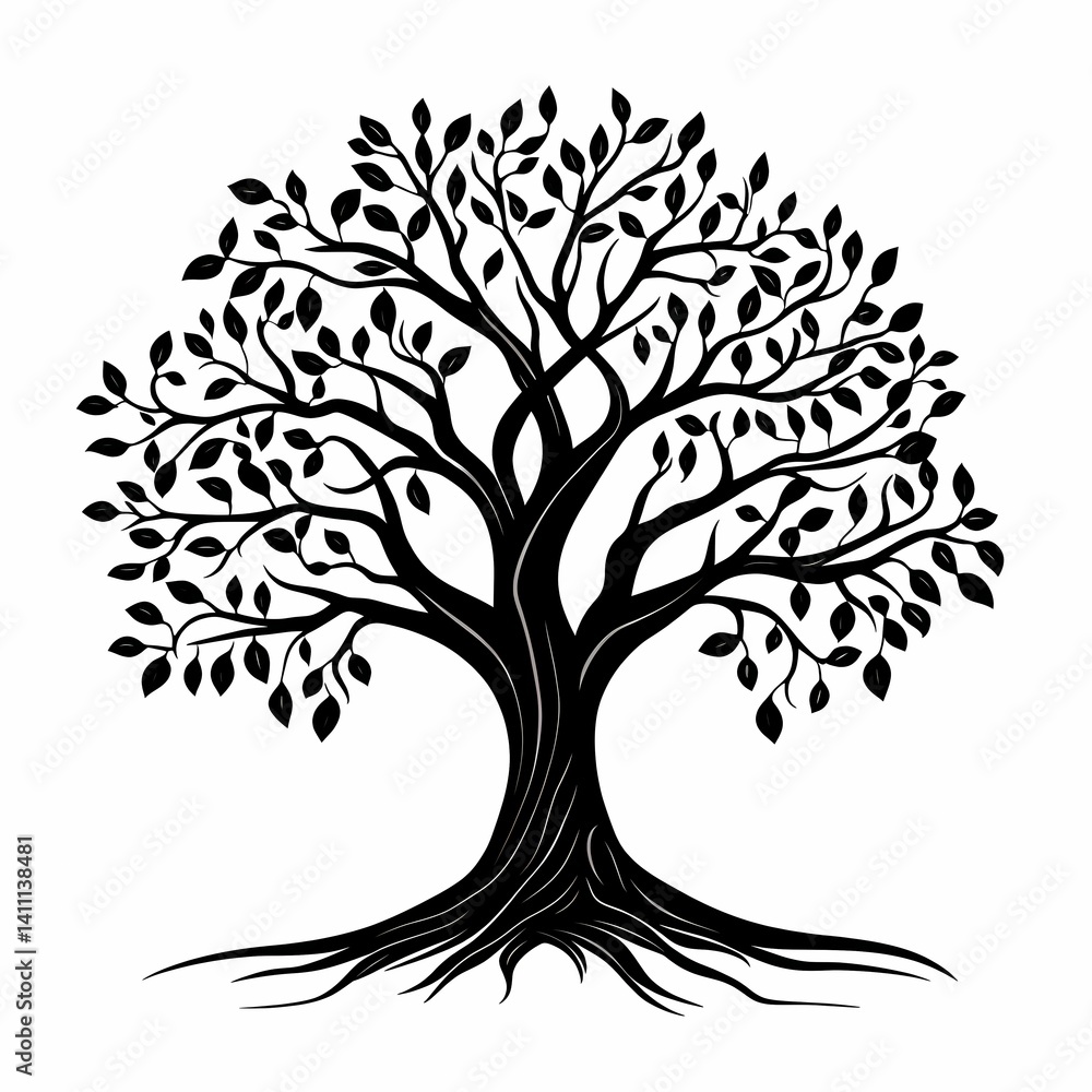 Obraz premium Black Silhouette Tree Illustration: Botanical Art with Leafy Branches and Roots for Eco-Friendly Decor
