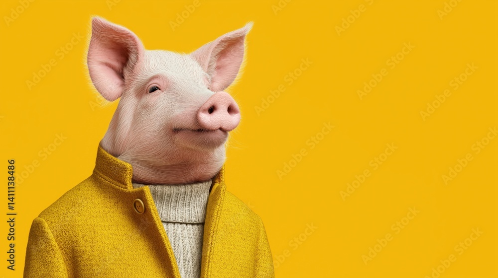 Pig wearing a stylish yellow coat against a vibrant yellow background.