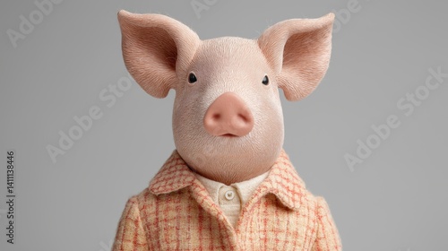 Obraz na płótnie Pig figure wearing a stylish coat stands against a simple light backdrop showcasing its detailed features. w salonie