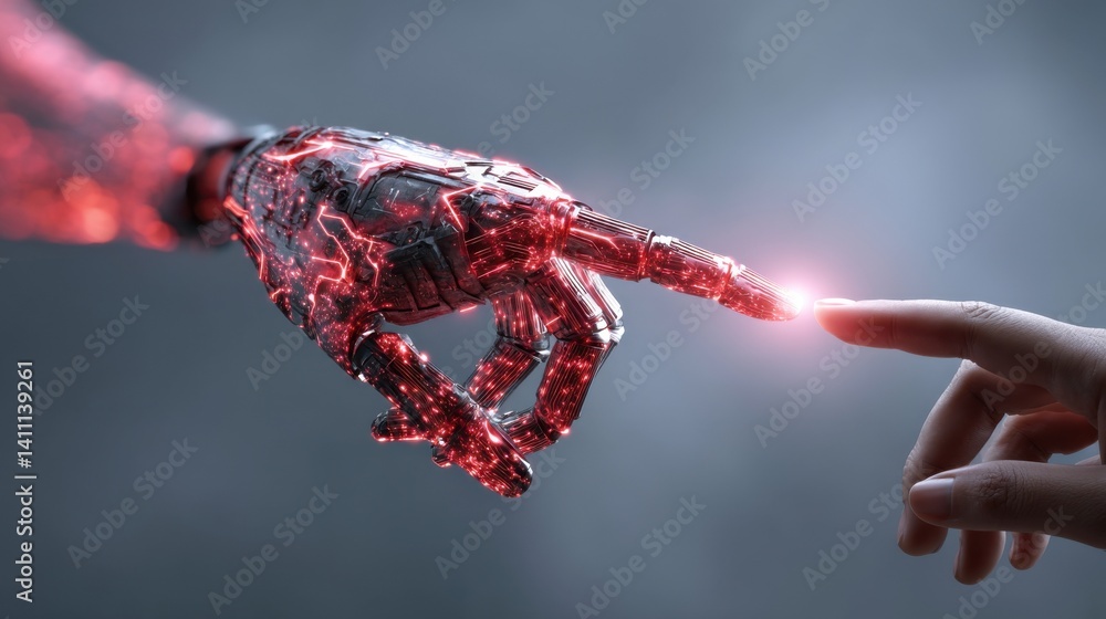 Technological evolution robotic hand and human touch futuristic setting digital art close-up connection concept